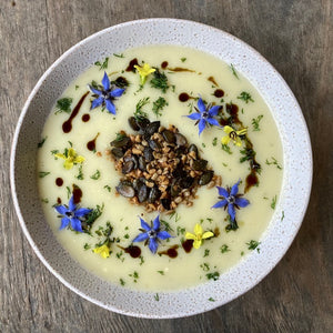 Leek & Potato soup with crunchy seed toppers