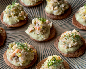 Walnut flour blinis with smoked salmon tartare